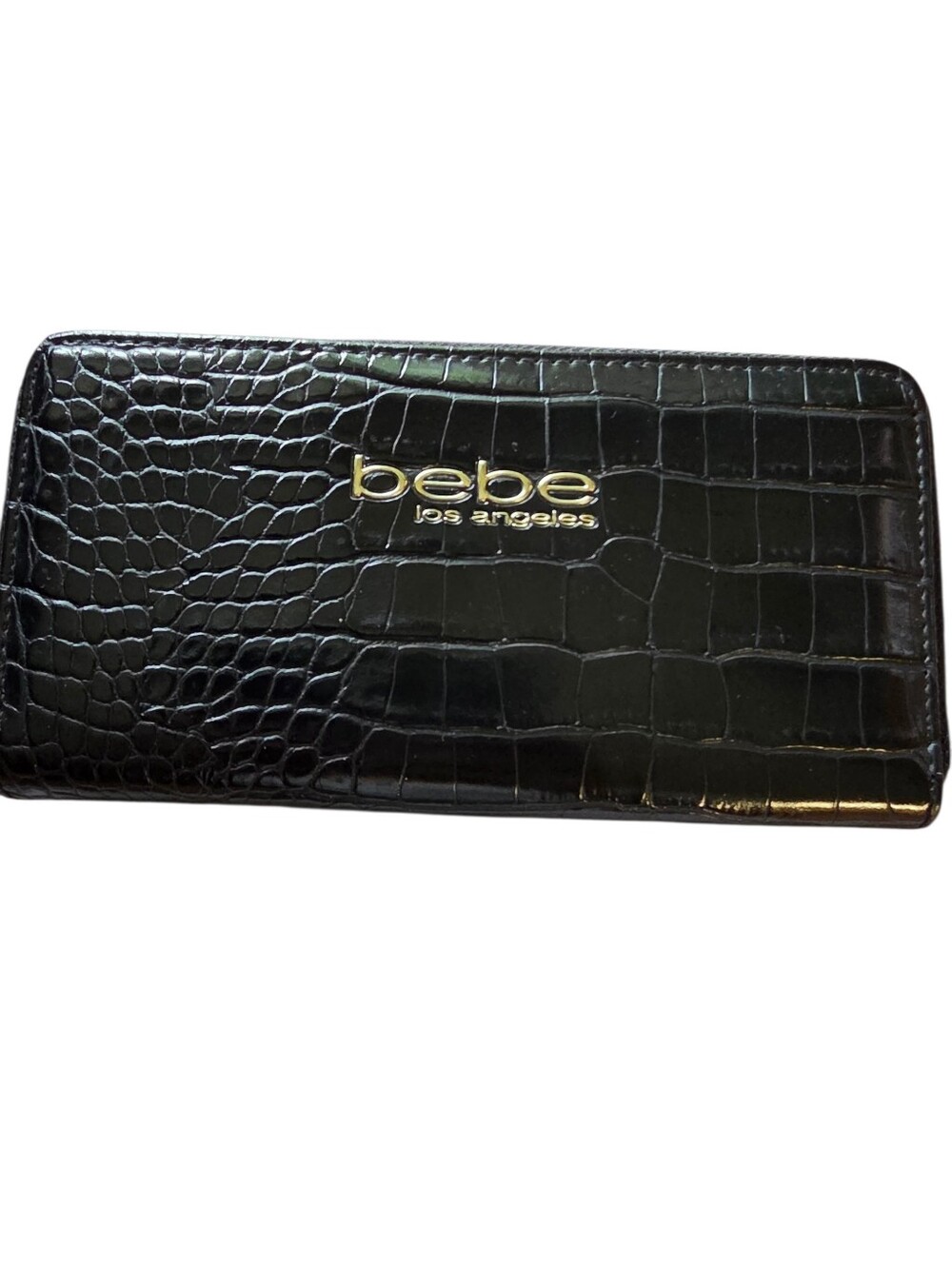 BEBE Evelyn Black Croco Zip-Around Clutch Wallet w Gold Zipper